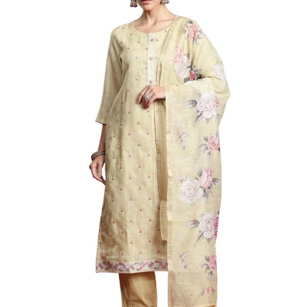 INDO ERA Women's Linen Kurta and Pant with Dupatta Set