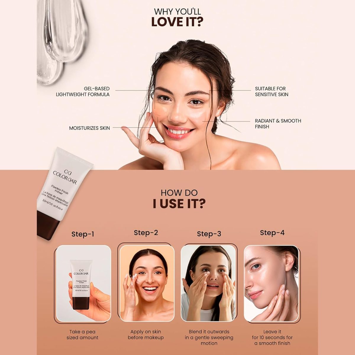 Colorbar Cosmetics Flawless Finish Primer 30 ml, Transparent |Moisturizes Skin | Gel based light weight formula |Provides Radiant & Smooth Finish - Image 3