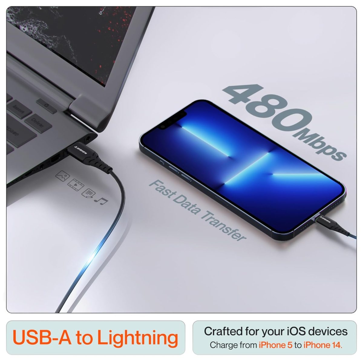Ambrane USB to Lightning 3A Fast Charging Braided Cable Compatible for iPhone 14,13, 12,11, X, 8, 7, 6, 5, iPad, Macbook, iMac, AirPods, 480Mbps Data Sync, 1.5Meter Long (RCL -15, Black) - Image 6