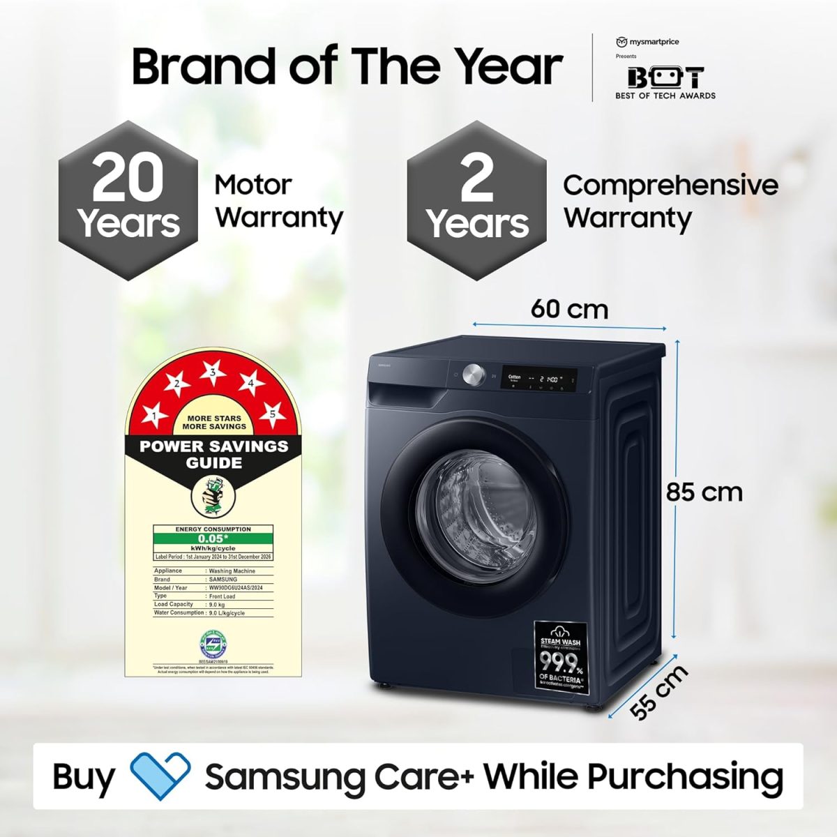 Samsung 9 kg, 5 Star, AI Control, AI Ecobubble, Super Speed, Wi-Fi, Hygiene Steam with Inbuilt Heater, Digital Inverter, Fully-Automatic Front Load Washing Machine (WW90DG6U24ASTL, NAVY) - Image 4
