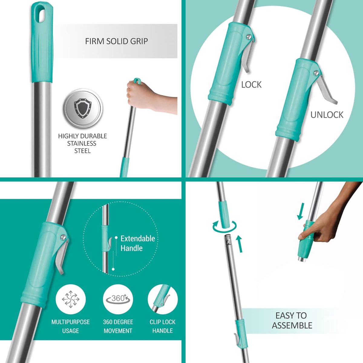 Spotzero By Milton Spin Mop Spares Set Handle with Microfibers Refill(Compatible with Prime, E-Elite, Classic, Ace Mops) Aqua Green - Image 7