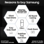 Samsung 236 L, 3 Star, Digital Inverter, Frost Free Double Door Refrigerator (RT28C3053S8/HL, Silver, Elegant Inox) - Image 2