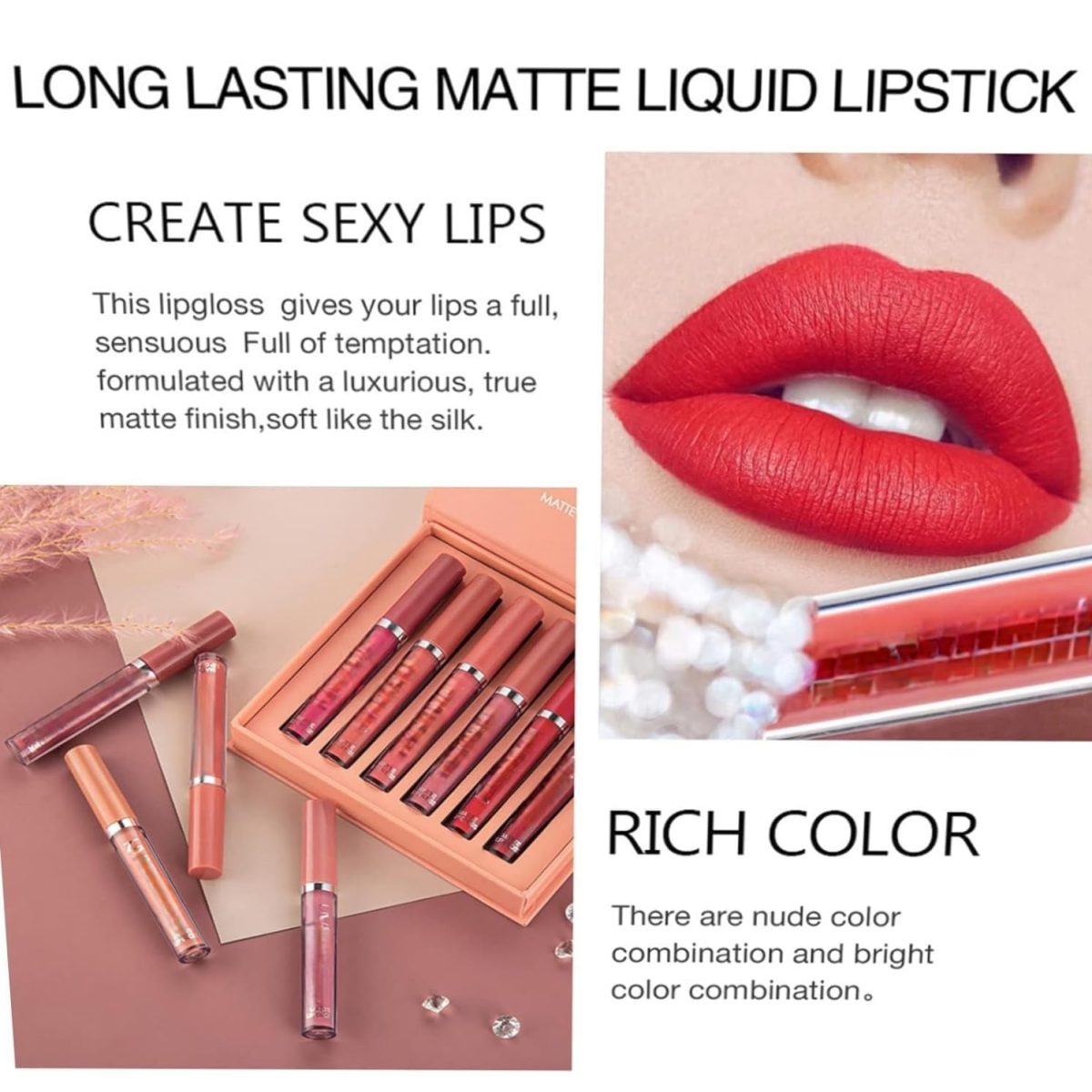 TopFinder® || Nude Lipstick || Lipstick Combo Pack Waterproof || Long Lasting || Velvet 6 Shades || Non Transfer Beauty Product Kit- Lip Gloss For Women, Liquid Glossy, Lipsticks Set For Women - Image 2