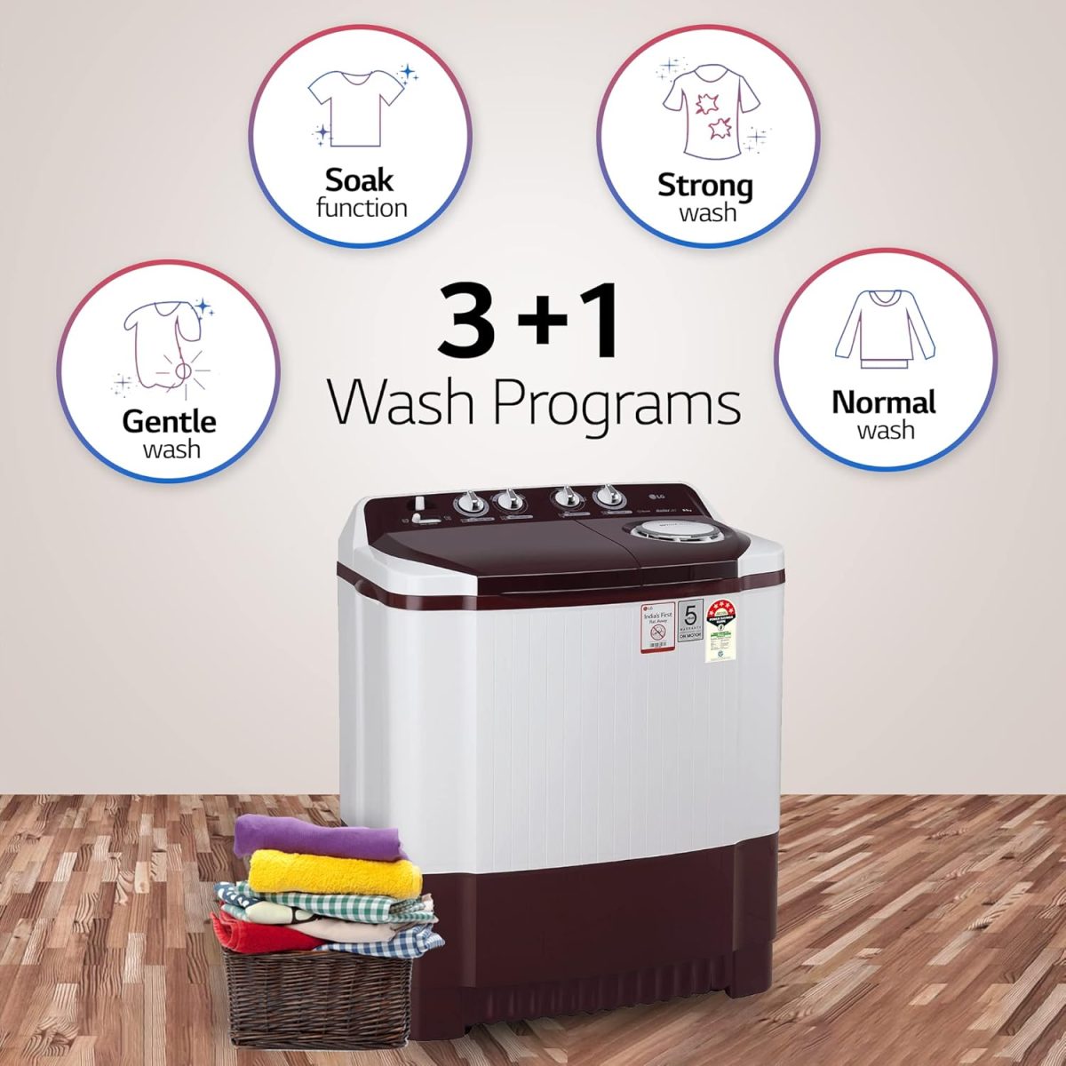 LG 8.5 kg 5 Star Semi-Automatic Top Load Washing Machine (P8530SRAZ, Burgundy, Roller Jet Pulsator) - Image 3