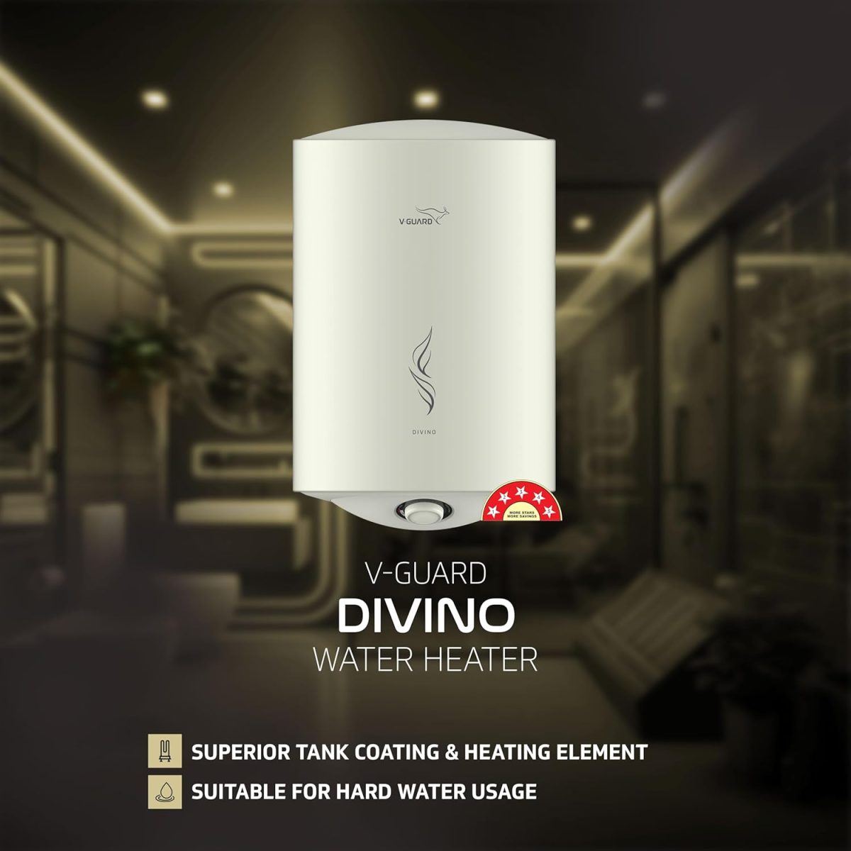 V-Guard Divino Geyser 15 Litre Wall Mount Water Heater For Home|5 Star Rating|Vitreous Enamel Tank Coating|Advanced Multi-Layered Safety|Suitable For Hard Water&High-Rise Buildings|White - Image 2