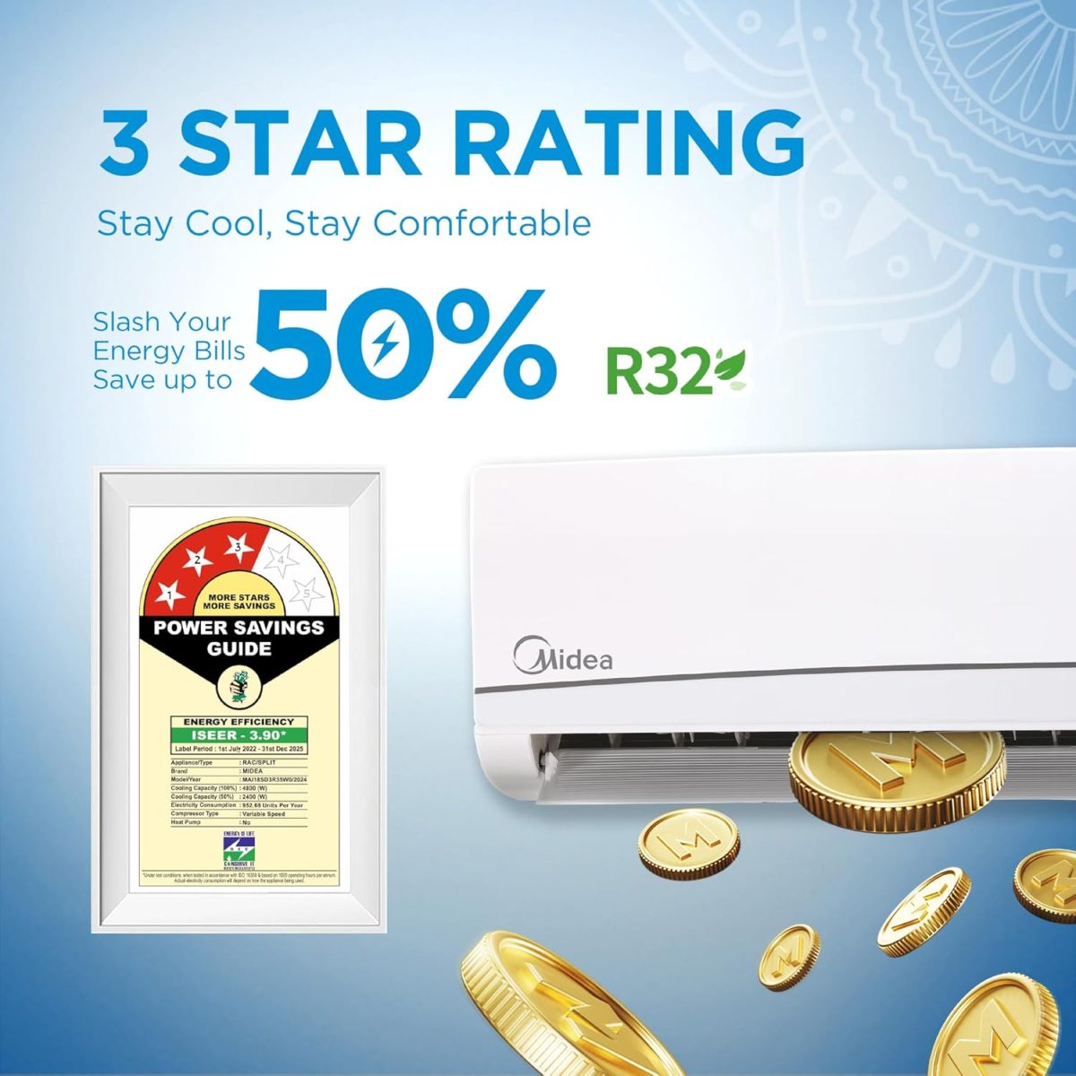 Midea 1.5 Ton 3 Star Inverter Split AC, AI Smart Wi-Fi AC with 5 Years Comprehensive Warranty (Copper, Convertible 4-in-1 Cooling at 52℃, HD PM2.5 Filter, SANTIS NEO DLX (Wi-Fi), MAI18SD3R35W0,White) - Image 4