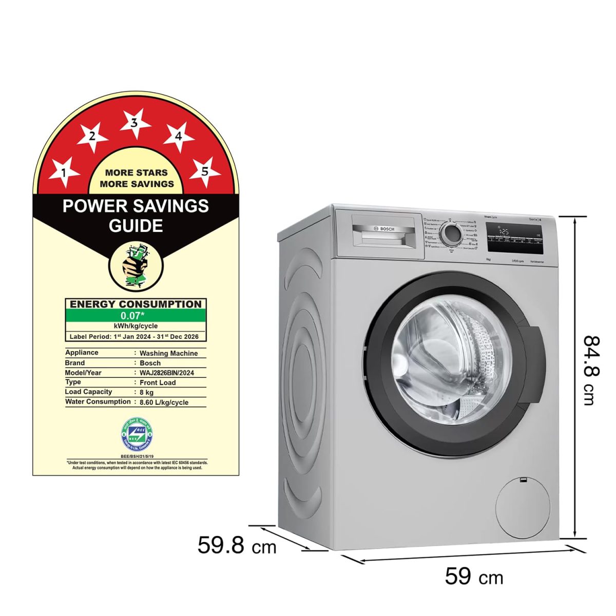 Bosch 8 kg 5 Star Fully-Automatic Front Loading Washing Machine (WAJ2826BIN, Shiny Silver, AI active water plus, In-Built Heater) - Image 2