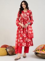 INDO ERA Women's Red Pure Cotton Printed A-Line Kurta & Pant with Dupatta Set (IESTR5487) - Image 7