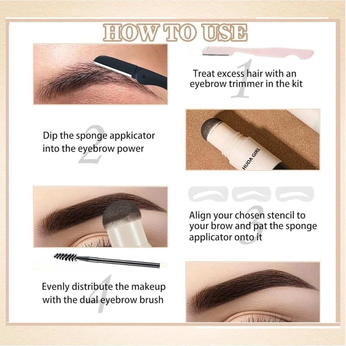 HUDA GIRL Dual Color 2in1 Hairline Powder & Eyebrow Filler for Women, Instant Hair Touch Up & Eyebrow Shaper Kit including Brow Stick Black & Brown with Razor, 2pcs Brush & 3 Brow Stencils - Image 5
