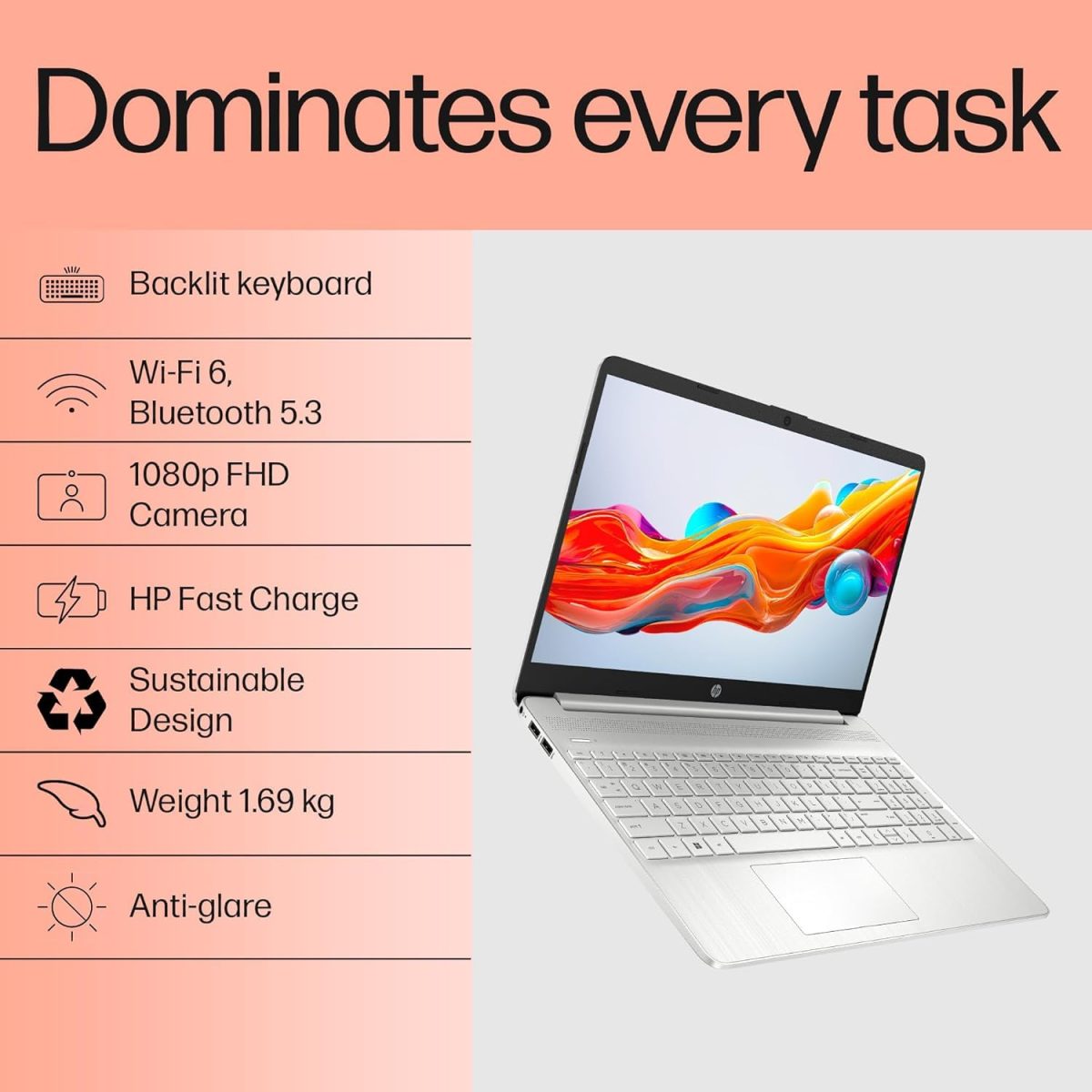 HP 15s, 12th Gen Intel Core i5-1235U,16GB DDR4, 512GB SSD (Win11, Office21, Silver, 1.69kg) Anti-Glare,15.6-inch(39.6cm), FHD Laptop, Intel Iris Xe Graphics, Backlit KB, HD Camera, fq5330TU - Image 3