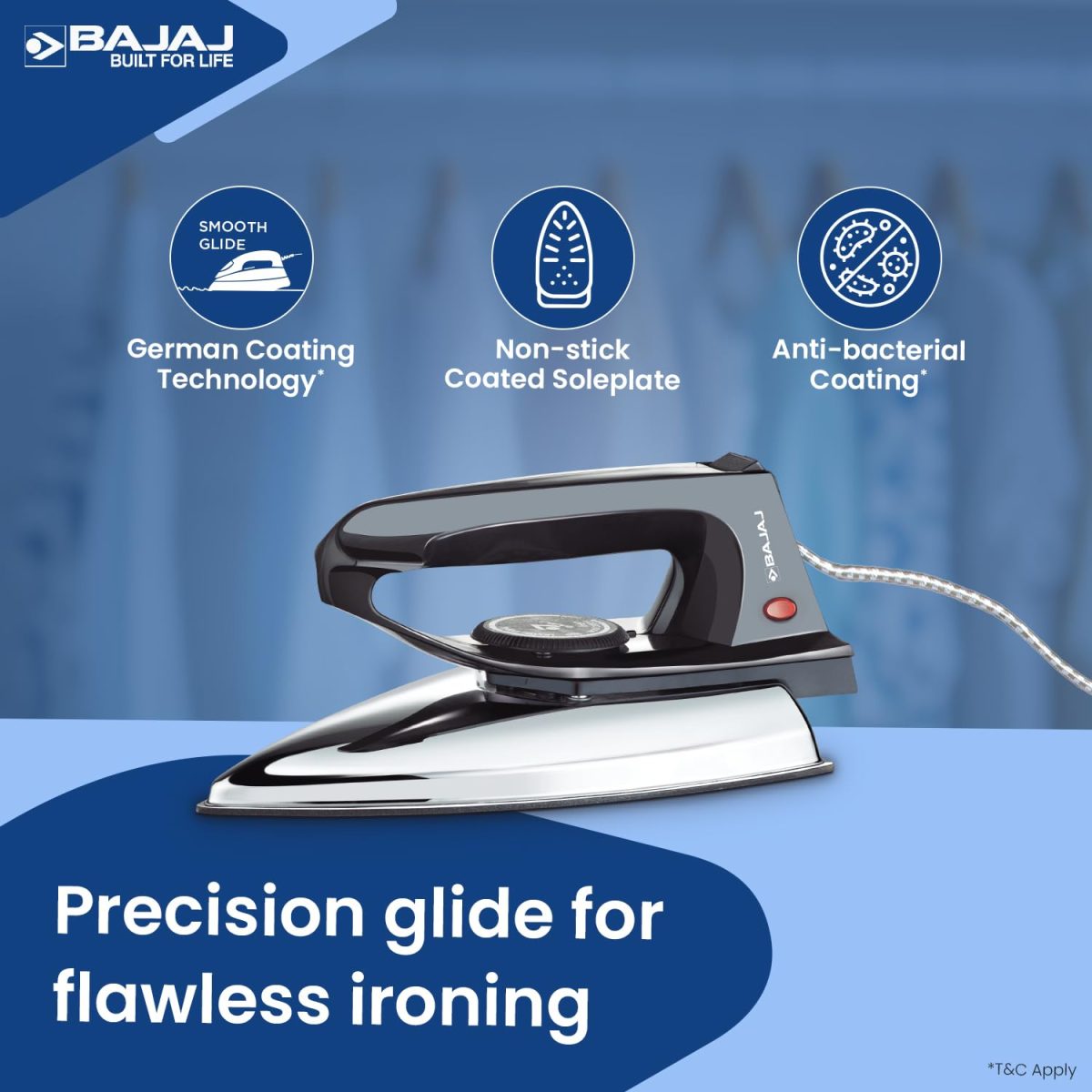 Bajaj DX-2 600W Dry Iron | Advance Soleplate And Anti-Bacterial German Coating Technology | 180 Degree Swivel Cord | Cool Touch Handle | 2-Yrs Warranty 【Black】 - Image 4