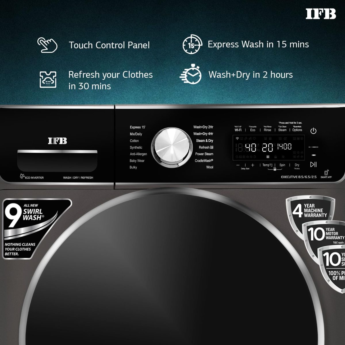 IFB Laundrimagic 3-in-1 8.5 Kg/6.5 Kg/2.5 Kg Inverter Washer Dryer Refresh (Executive ZXM, Mocha) - Image 5
