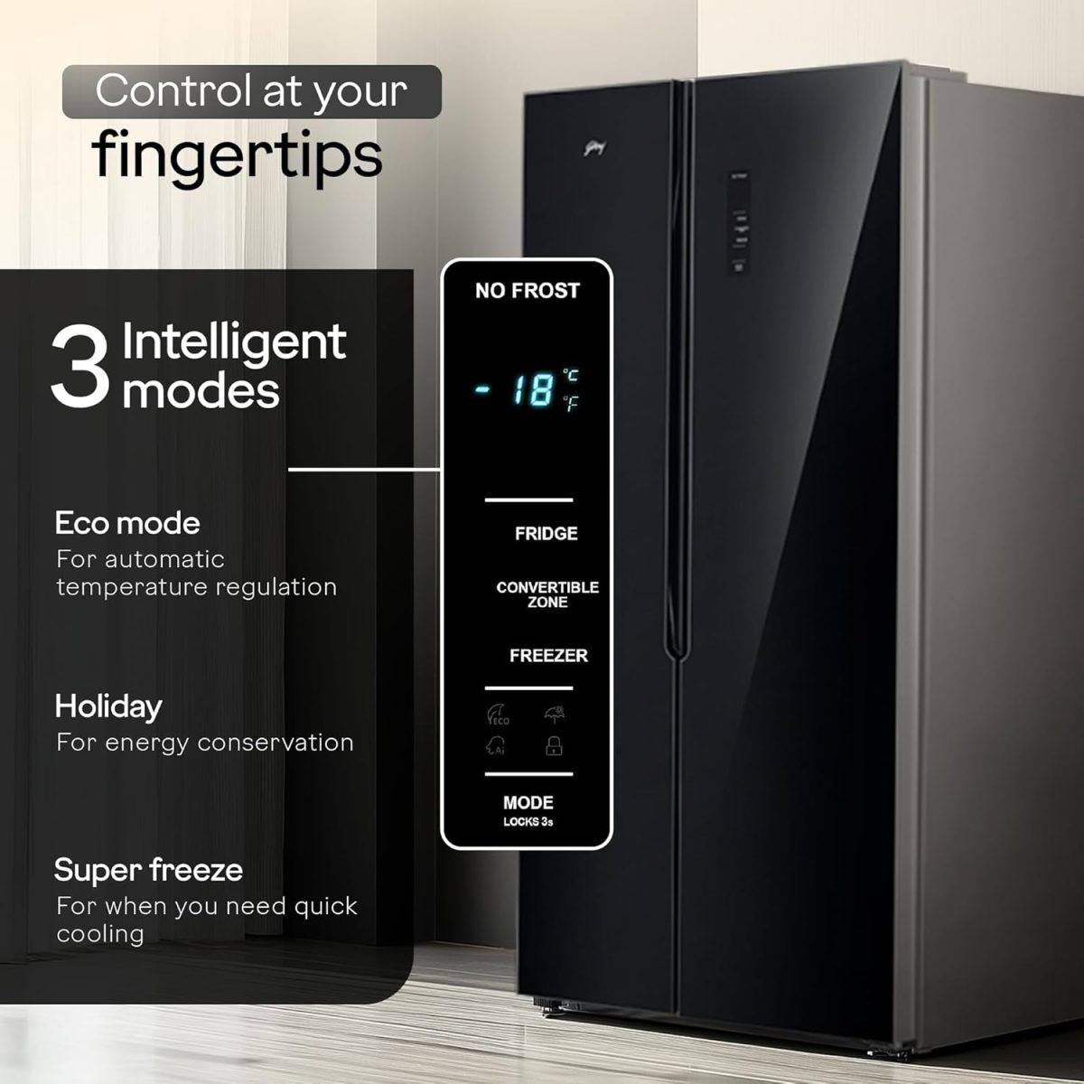 Godrej 600 L Frost Free Smart convertible Zones with Digital Touch Panel, Frost Free Inverter Side By Side Refrigerator(2025 Model, RS EONVELVET 600C RIT BK GL, Black Glass) - Image 7