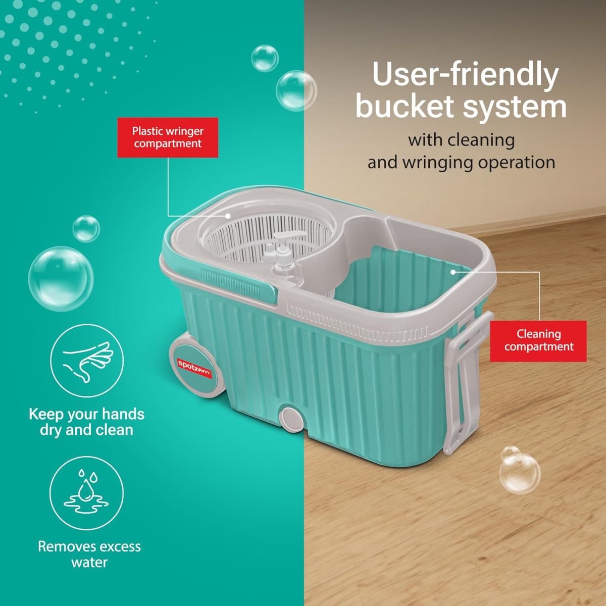 Spotzero by Milton Elite Spin Mop with Big Wheels, Puller Handle, Bucket Floor Cleaning and Mopping System 360° Flexible,2 Microfiber Refills, Big Size, Aqua Green - Image 5