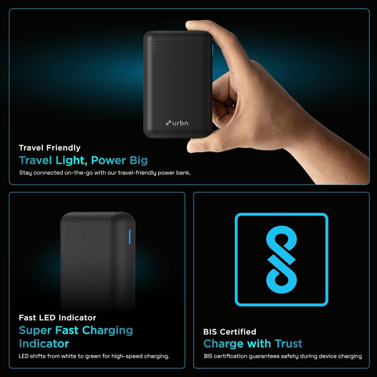URBN 20000 mAh Premium Edition Nano Power Bank | Two-Way 22.5W Super Fast Charging | Pocket Size| Dual Type C Power Delivery (PD) Output + 1 USB Output for Quick Charge (Black) -USB Type C - Image 9