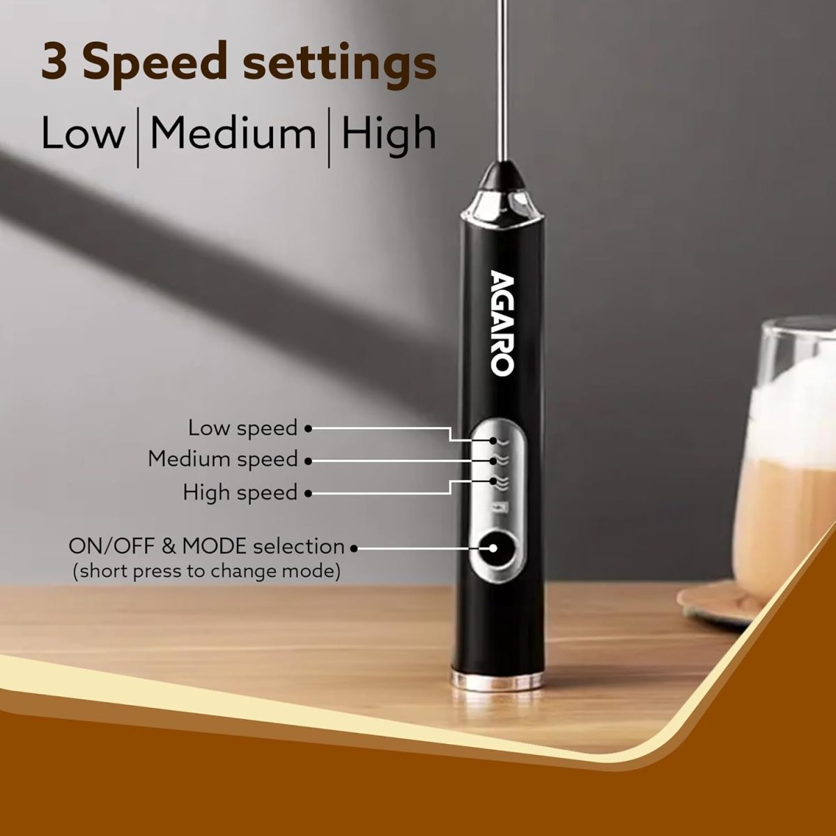 AGARO Royal Milk Frother, 3-Speed Electric Frother for Coffee with Whisk and Frother, Frother Mixer, Stand-up Design, for Cream (Whisk Milk frother), Rechargeable, Stainless Steel - Image 5