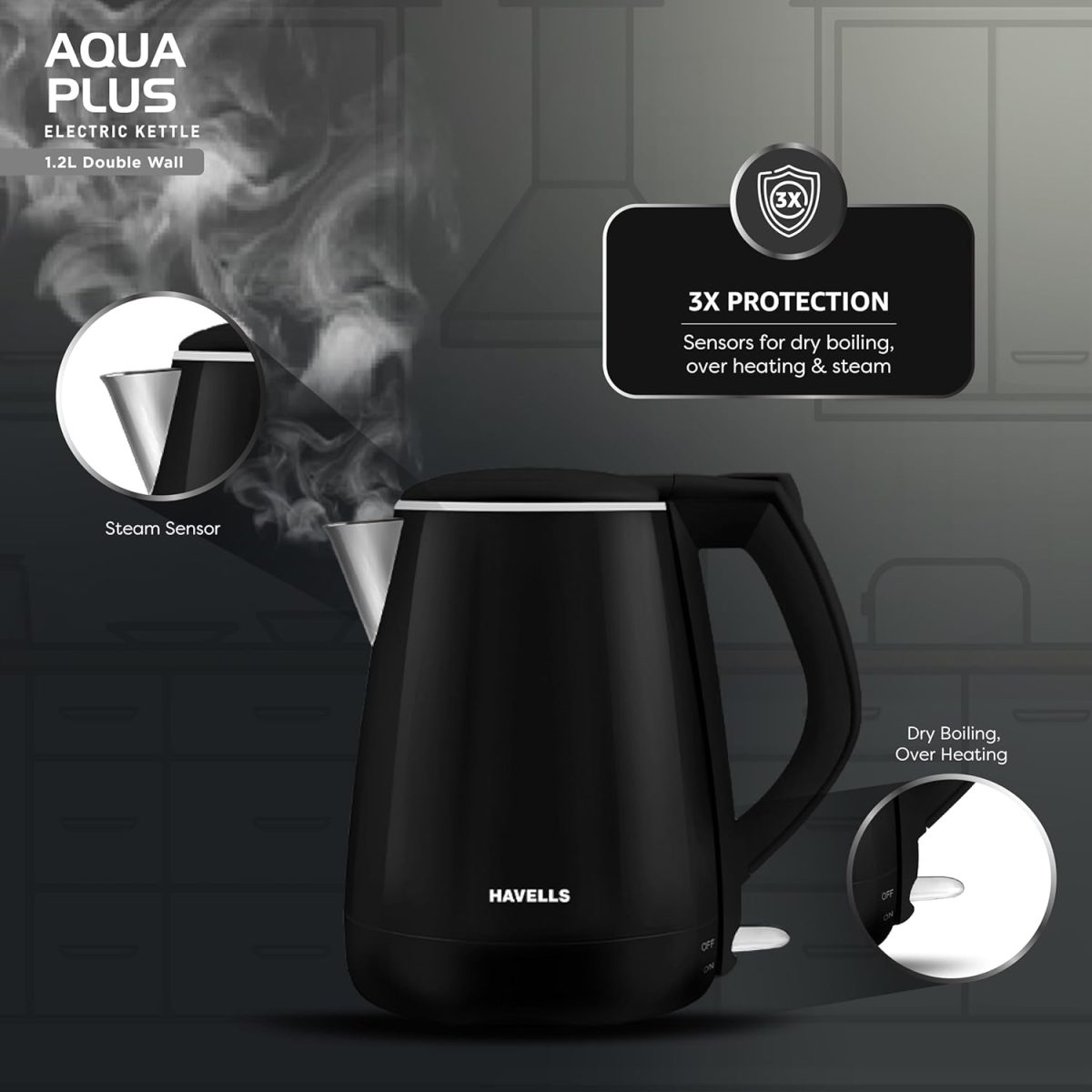 Havells Aqua Plus Electric Kettle 1.2 Litre, 1250 Watt | 304 Stainless Steel Inner Body | Cool Touch Body | Auto Shut-Off |Wider Mouth| 2 Year Warranty (Black) - Image 7