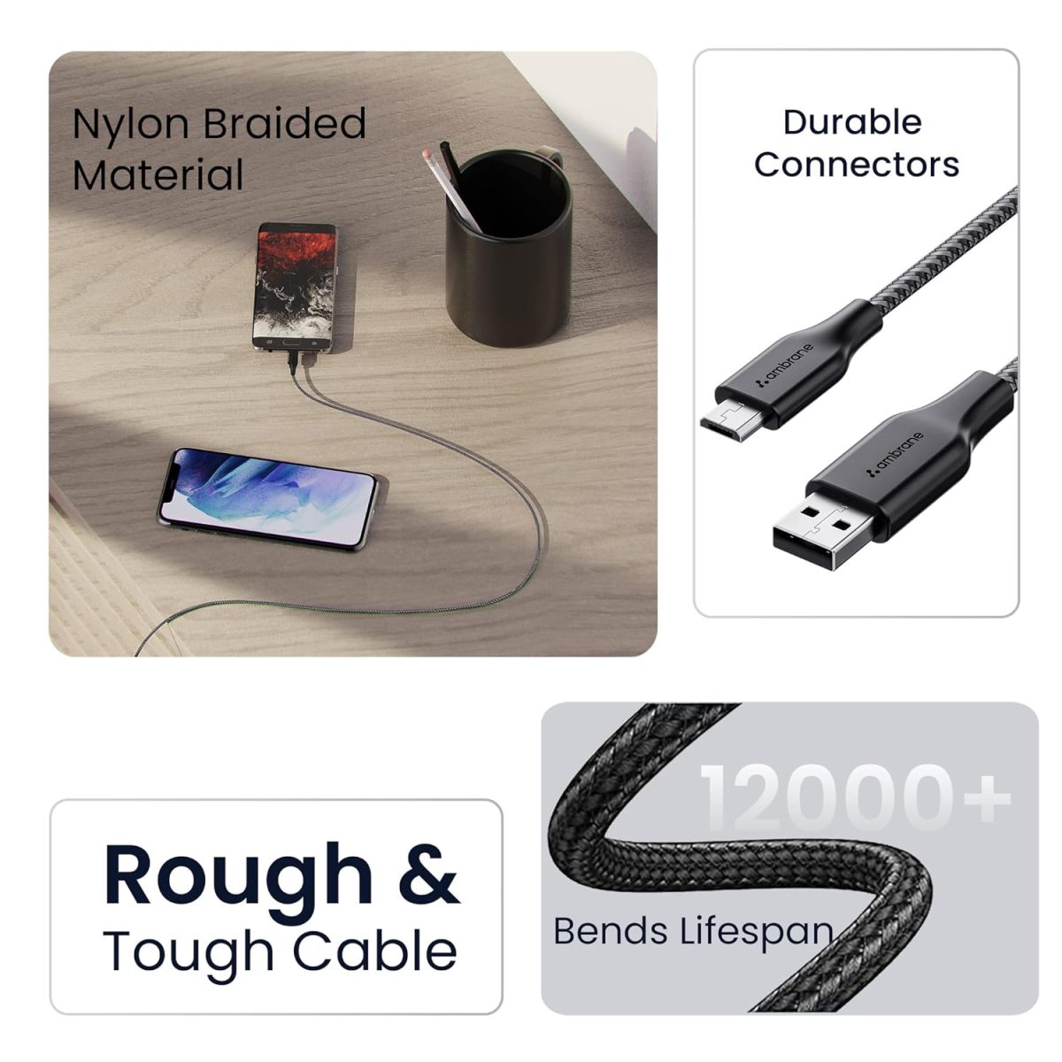 Ambrane Unbreakable 60W / 3A Fast Charging 1.5m Braided Micro USB Cable for Smartphones, Tablets, Laptops & Other Micro USB Devices, 480Mbps Data Sync, Quick Charge 3.0 (RCM15, Black) - Image 4