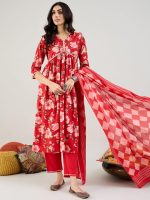 INDO ERA Women's Red Pure Cotton Printed A-Line Kurta & Pant with Dupatta Set (IESTR5487) - Image 3