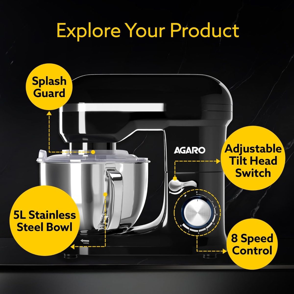 AGARO Royal Stand Mixer 1000W with 5L SS Bowl and 8 Speed Setting Includes Whisking Cone, Mixing Beater & Dough Hook, and Splash Guard, 2 Years Warranty by Brand - Image 4