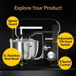 AGARO Royal Stand Mixer 1000W with 5L SS Bowl and 8 Speed Setting Includes Whisking Cone, Mixing Beater & Dough Hook, and Splash Guard, 2 Years Warranty by Brand - Image 4