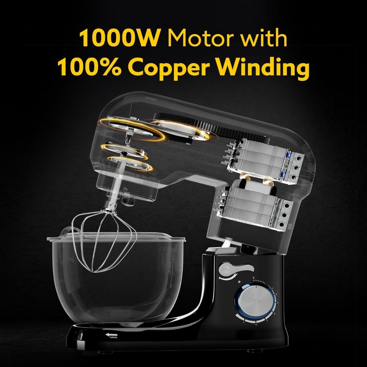 AGARO Royal Stand Mixer 1000W with 5L SS Bowl and 8 Speed Setting Includes Whisking Cone, Mixing Beater & Dough Hook, and Splash Guard, 2 Years Warranty by Brand - Image 3