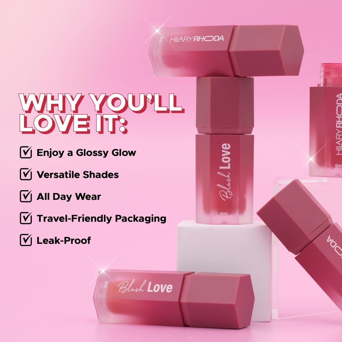 Hilary Rhoda Blush Love | Highly Pigmented Liquid Blush & Super Dewy Finish | Built-in Sponge | All Day Wear & Buildable Formula | Leak-Proof - 6ml (Scandalous | Shade 06) - Image 6