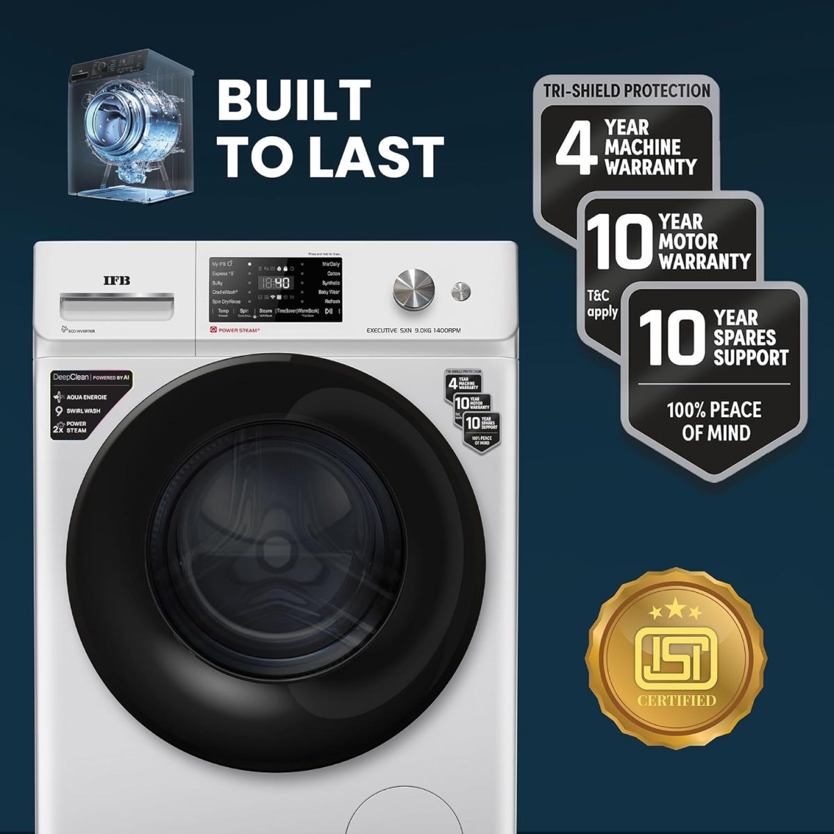 IFB 9 Kg 5 Star Powered by AI with 9 Swirl Wash, WiFi, Fully Automatic Front Load Washing Machine (Executive SXN 9014K, Steam Refresh Program with Eco Inverter, Rich Silver) - Image 6