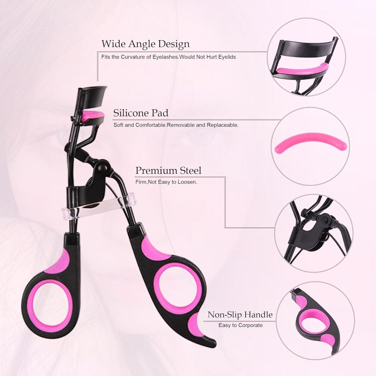 GLUN® Professional Eyelash Curler, Rubber Gripped Stainless Steel Wide Angle Lash Curler, Beauty Makeup Tool Universal Eye Shapes, Painless Fits Get Gorgeous Eyelashes in Seconds - Image 2