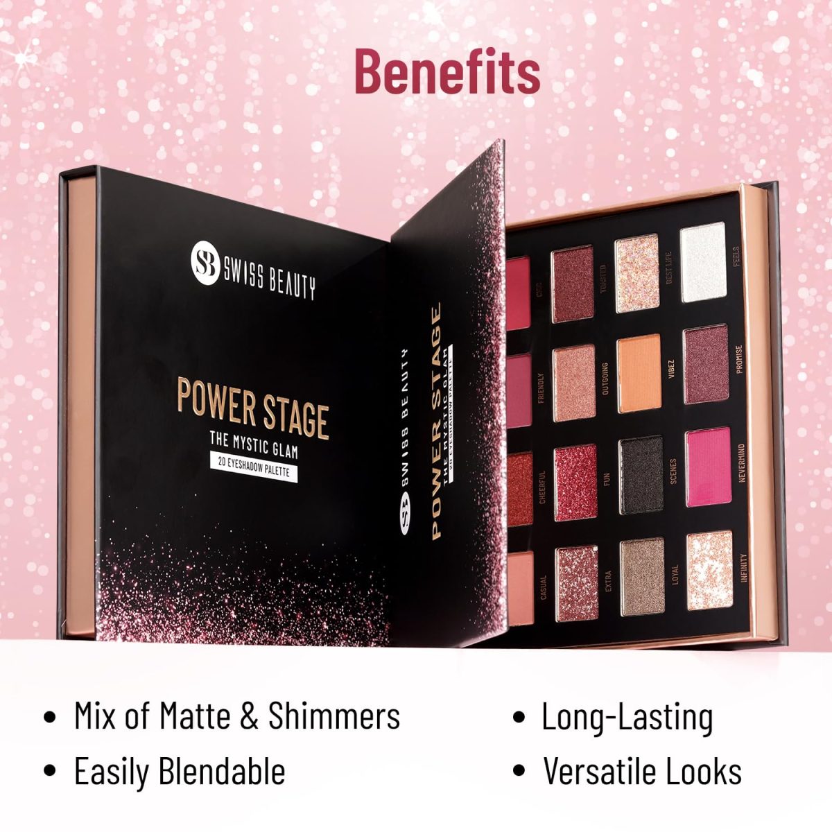 Swiss Beauty Power Stage Eyeshadow Palette with 20 pigmented shades | Blend of Matte and shimmers eye makeup palette | Shade- Mystic Glam, 25g - Image 4