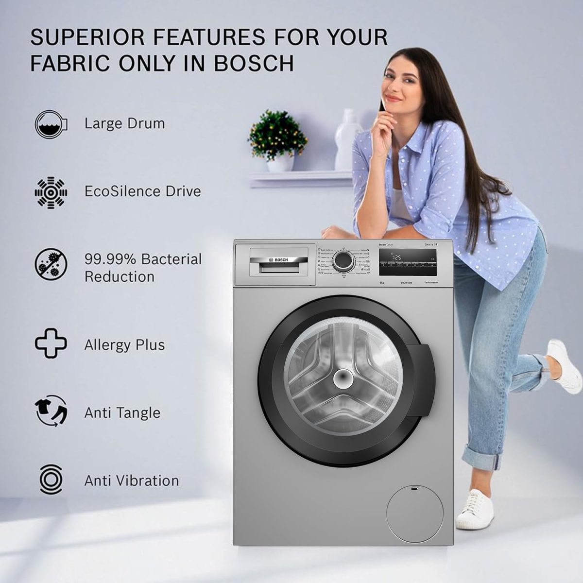 Bosch 8 kg 5 Star Fully-Automatic Front Loading Washing Machine (WAJ2826BIN, Shiny Silver, AI active water plus, In-Built Heater) - Image 4
