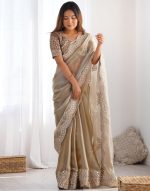 SIRIL Women's Organza Sequence Embroidery Scollped Border Saree With Unstitched Blouse Piece - Image 3