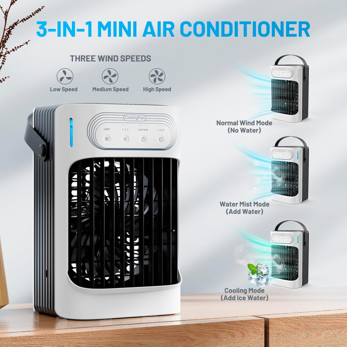 Portable Air Conditioners Cooling Fan, 3 in 1 Evaporative Air Cooler, Portable AC Unit with 3 Speeds, 3 Cool Mists, 4 Timers, 7 Color Lights, Personal Desktop Mini Cooling Fan for Room Camping Car - Image 2