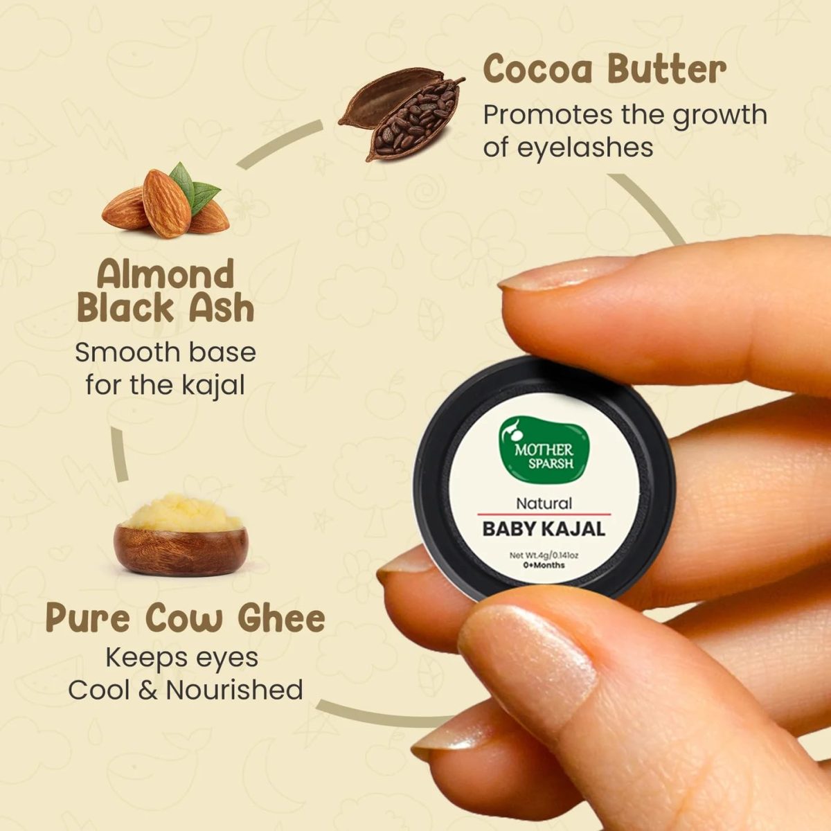 Mother Sparsh 100% Natural Baby Kajal with Zero Lead Content, Irritation Free & Safe for Newborn Babies, with Almond & Pure Cow Ghee, Nourishes & Thicken Baby Eyelashes - 5gm - Image 4