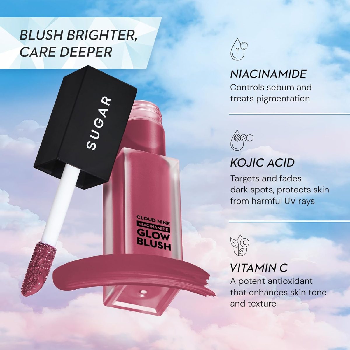 SUGAR Cosmetics Cloud Nine Niacinamide Glow Blush | Long lasting & Ultra-Pigmented | Dewy Finish | 7.6ml - 01 Bare Magic - Image 3