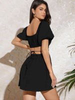Aahwan Solid Summer Beach Square Neck Puff Sleeve Cut Out Waist Mini Dress For Women's & Girls - Image 2