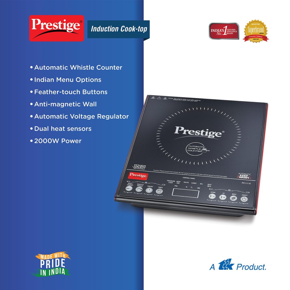 Prestige Iris Plus 1600 Watts Induction Cooktop with Automatic Voltage Regulator | Indian Menu Option |Anti-Magnetic Wall | Timer with User Pre-set | 1 Year Warranty | Black - Image 3