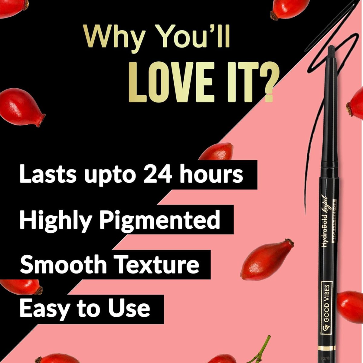 Good Vibes HydraBold Intense Black Kajal (0.35g) | 24HR Long Lasting Stay | Smudge Proof & Water Proof | With Rosehip Seed Oil | Highly Pigmented | Smooth Texture - Image 3
