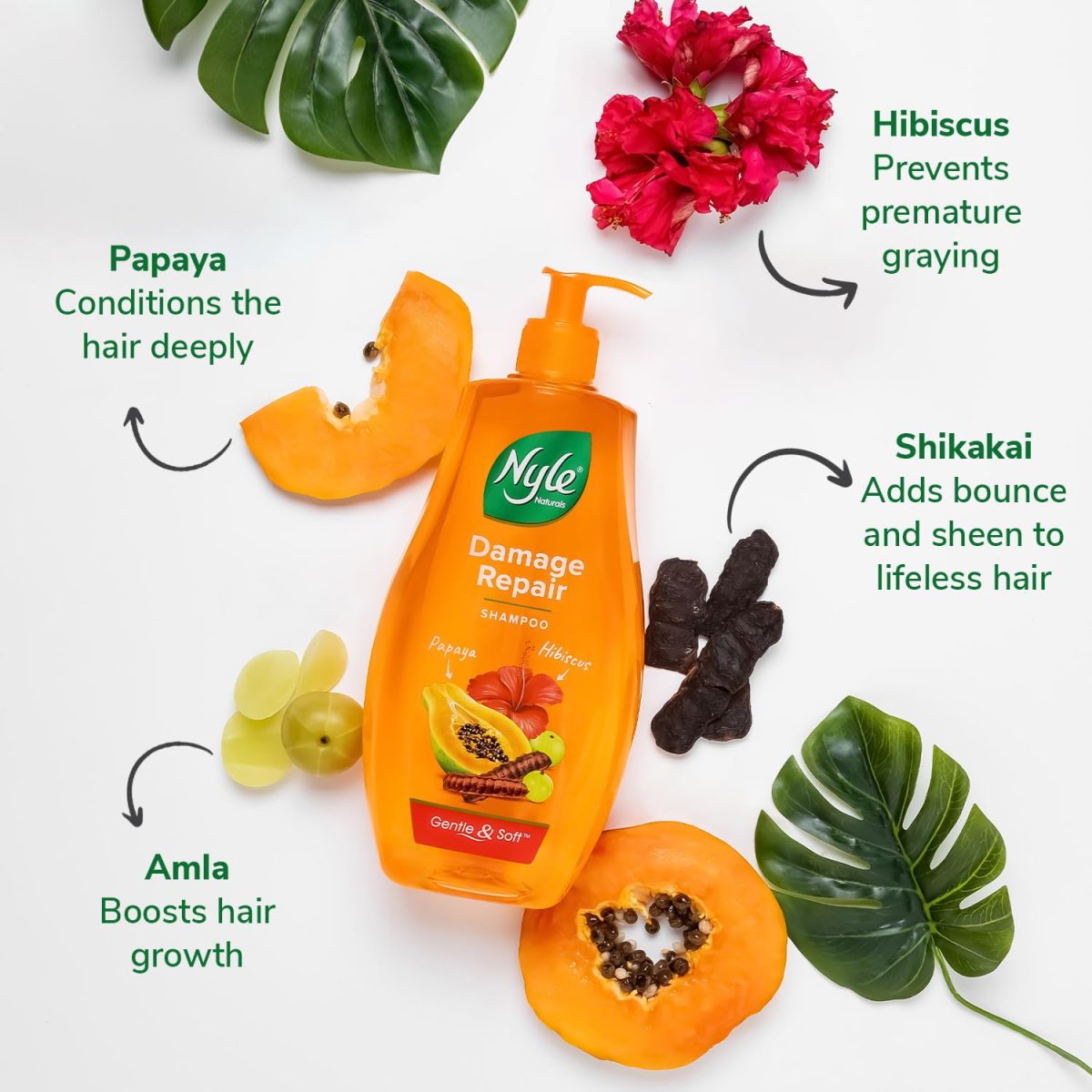Nyle Naturals Damage Repair Shampoo 400 ml | Hair Repairing Shampoo with Papaya, Hibiscus, & Shikakai | pH Balanced & Paraben Free Gentle & Soft Shampoo For Women & Men - Image 4