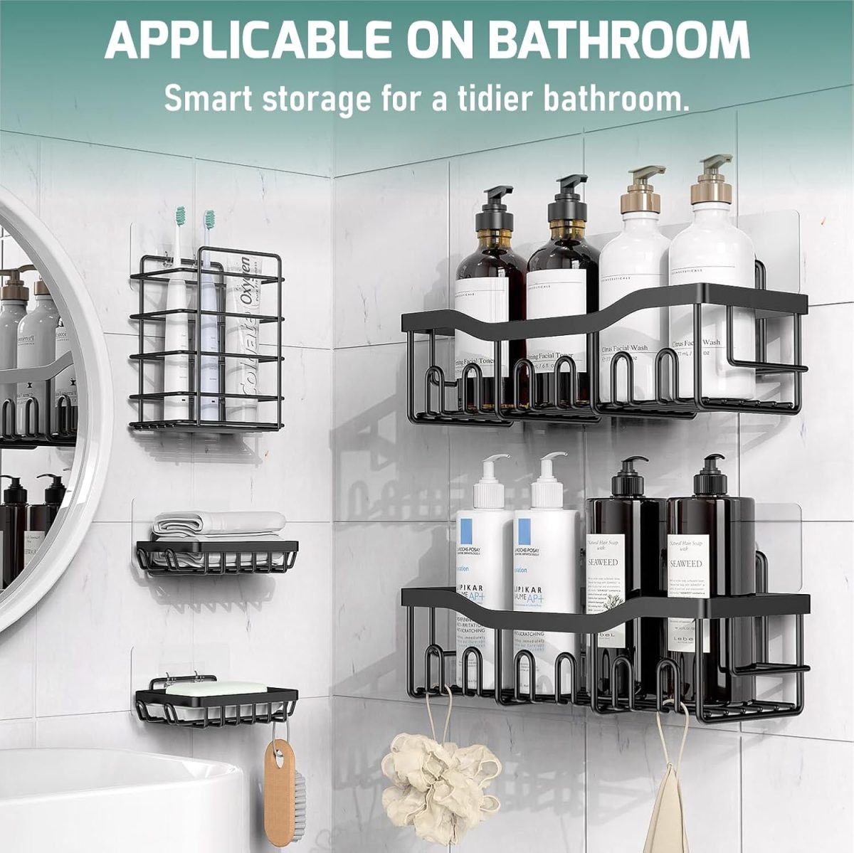 JD FRESH 5 in 1 Self Adhesive Shelf Organizer Combo/Metal Racks and Shelves for Wall/Stand for Bathroom Without Drill/Soap Holder with Tooth Brush Holder/Bathroom Accessories(Black) - Image 3
