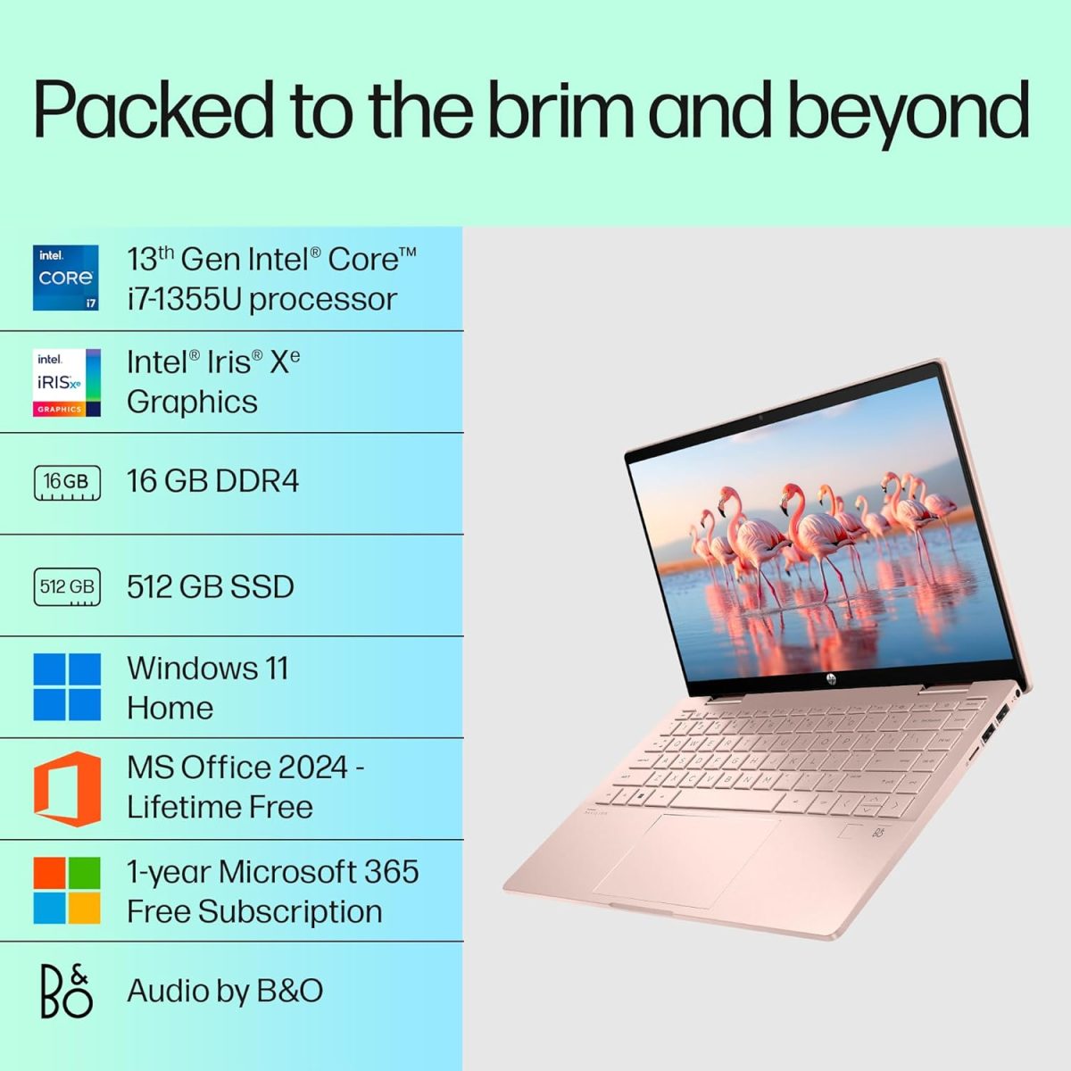 HP Pavilion x360, 13th Gen Intel Core i7-1355U (16GB DDR4, 512GB SSD), Touchscreen,IPS, 14''(35.6cm) FHD,Win 11, M365 Basic(1yr), Office Home 24, Rose gold,1.5kg,Iris Xe, Backlit, 5MP Camera, ek1152TU - Image 2