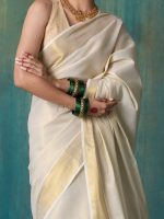 DhevStylish Women's Kerala Kasavu Golden Tissue Plain Saree with Running Blouse | Saree length: 6.25 Meters | Blouse: Running Blouse only - Image 4
