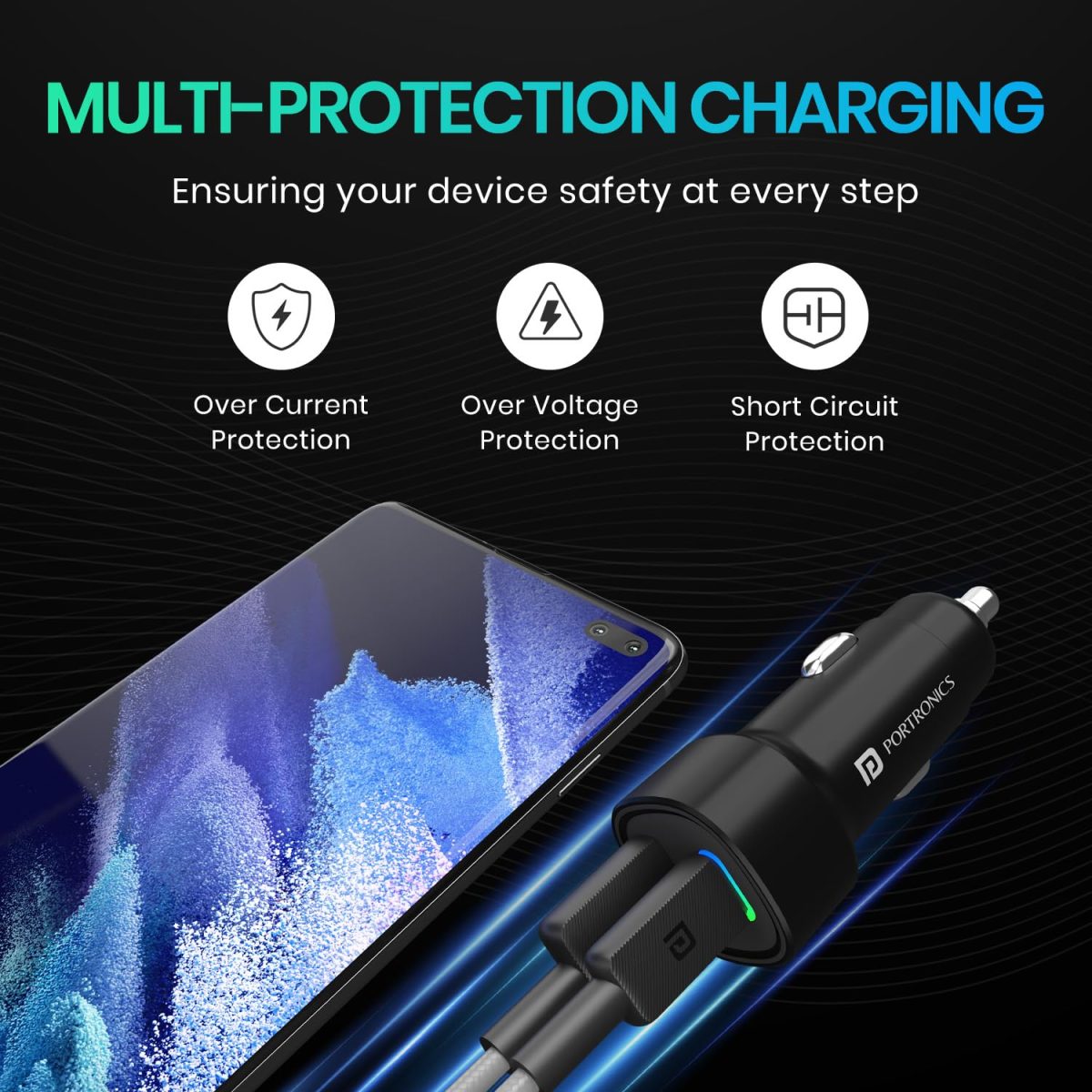 Portronics 80W Dual Output Fast Car Charger with Type-C PD & USB, LED Indicator, Charging Adapter Compatible with Cars for iPhone & Android Smartphone, Smartwatch, Earbud, Power Bank (Black) - Image 5