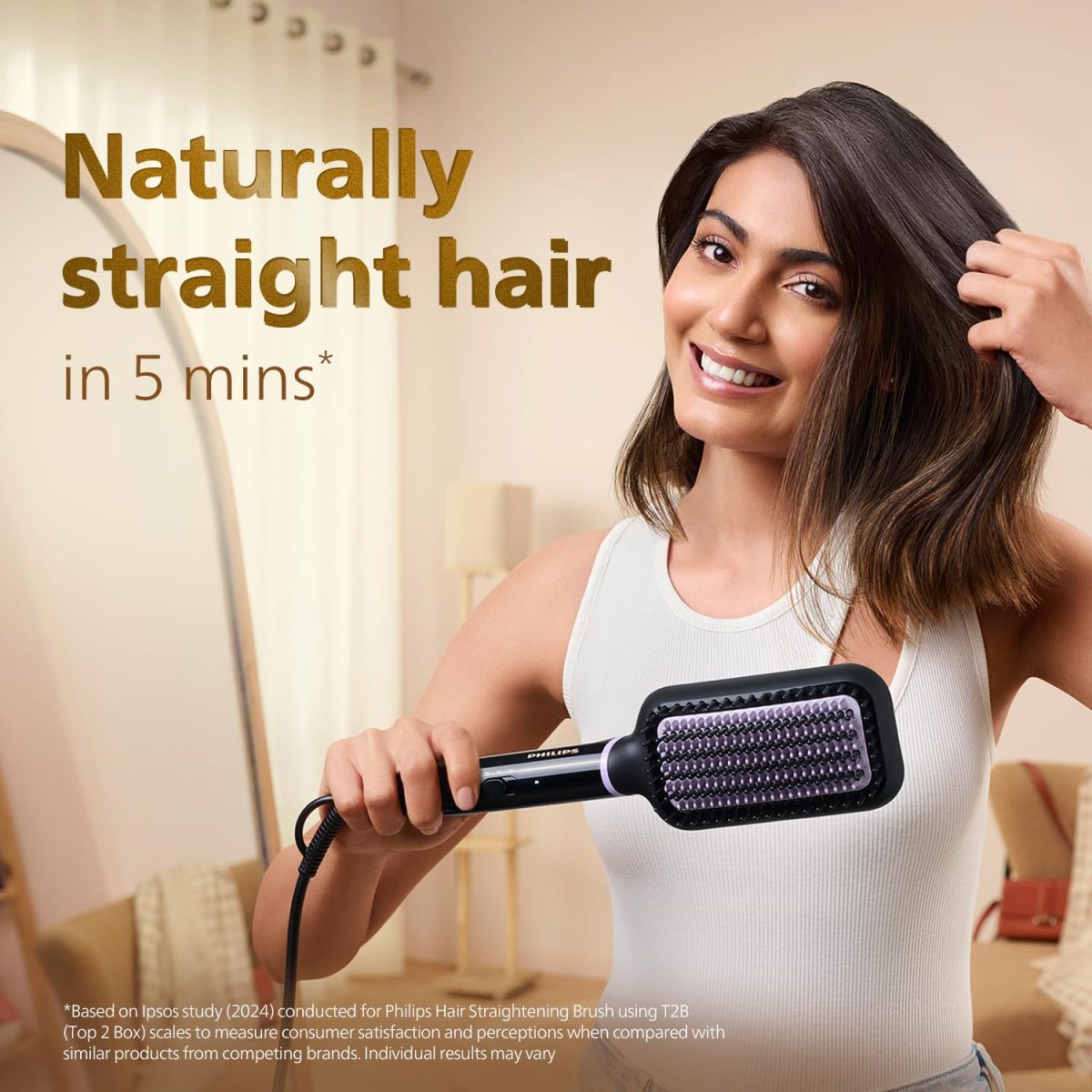 Philips Hair Straightener Brush - Naturally Straight Hair in 5mins, 5X Better Frizz Free Hair I Style with 2X More Volume | Shiny and Smooth Hair I No Scalp Burns | ThermoProtect Technology I Keratin Bristles I 2 Temperature settings | BHH880/10 - Image 2