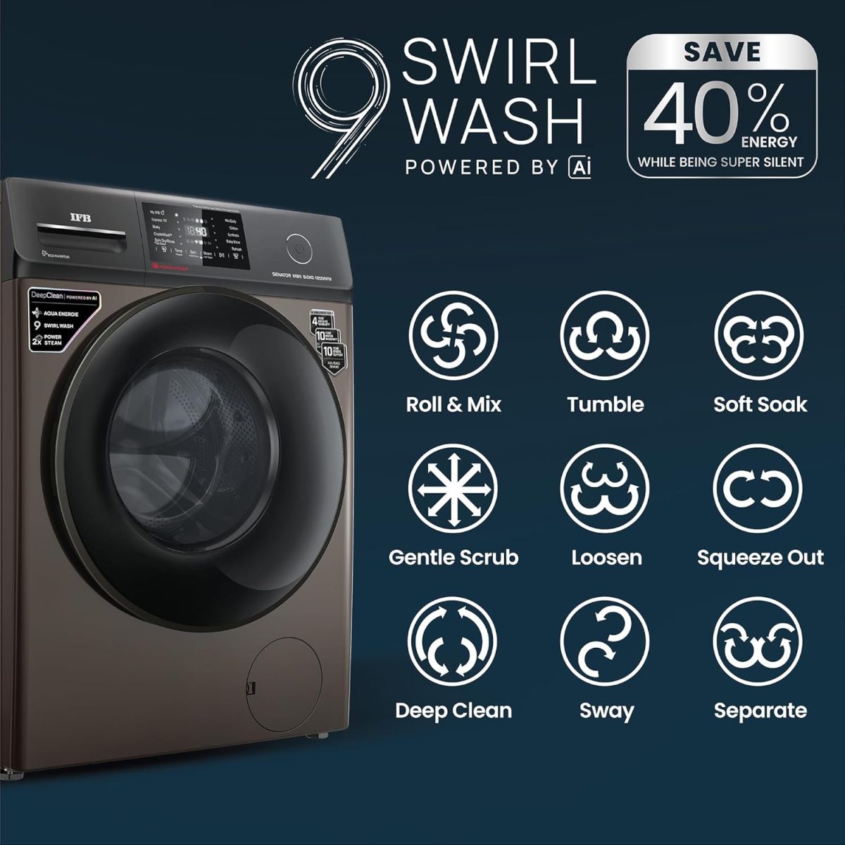 IFB 8 Kg 5 Star Powered by AI with 9 Swirl Wash, WiFi, Fully Automatic Front Load Washing Machine (Senator MBN 8012, Steam Refresh Program with Eco Inverter, Mocha) - Image 5