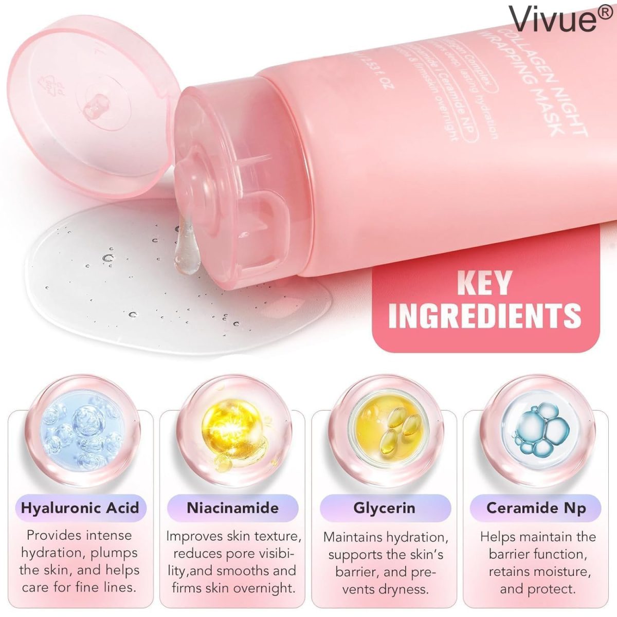 Vivue Korean Glass Skin Bio-Collagen Overnight Face Mask for Women, Deep Hydrating Overnight Skin Care Facial Masks, Pore Minimizing, Firming & Anti-Aging Hydrogel Mask for Glowing Skin(TUBE..75 ML) - Image 6