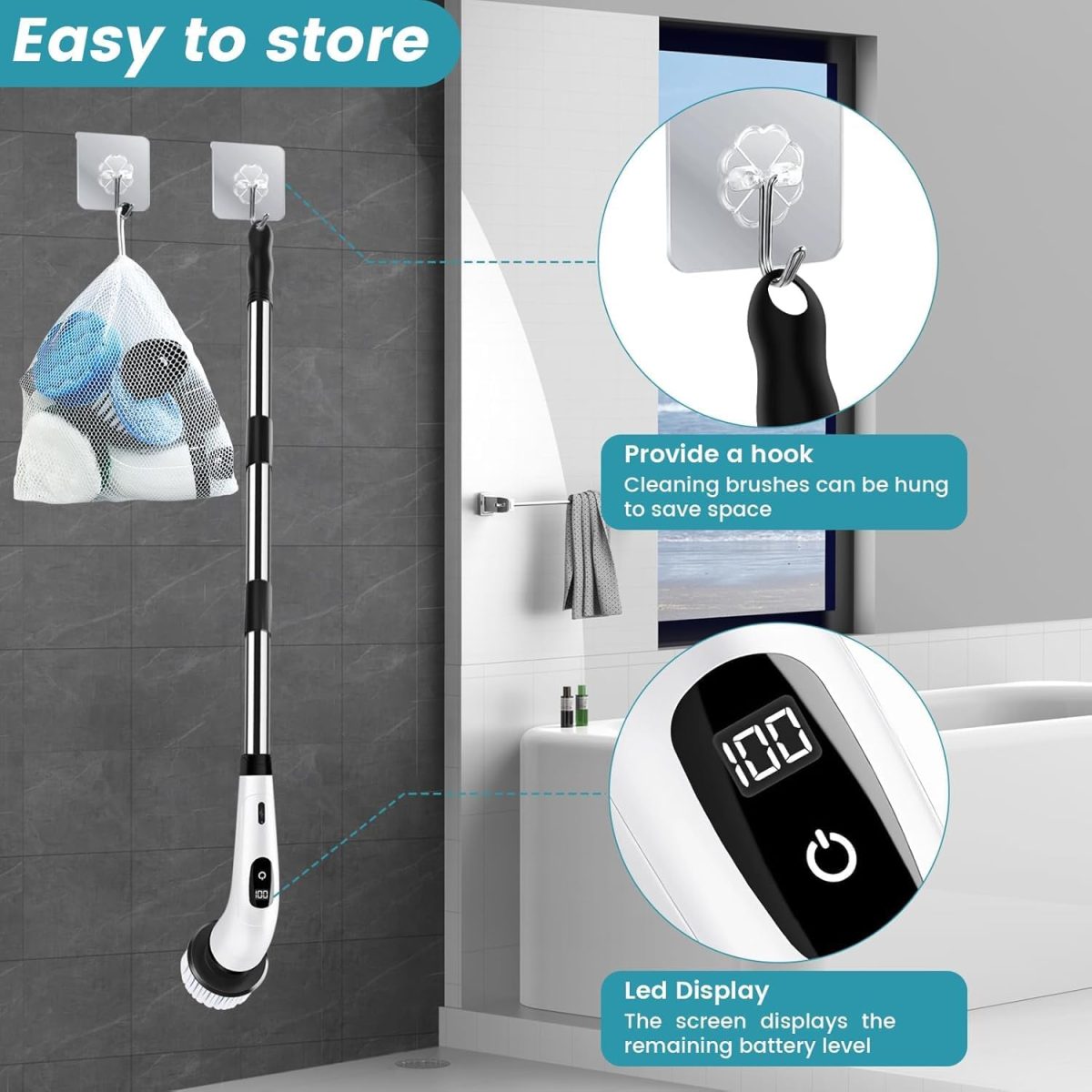 DADLM® Electric Spin Scrubber,Cleaning Brush Scrubber for Home, 400RPM/Mins-9 Replaceable Brush Heads-90Mins Work Time,Adjustable Size,2 Adjustable Speeds for Bathroom Shower Bathtub Glass Car (1) - Image 6