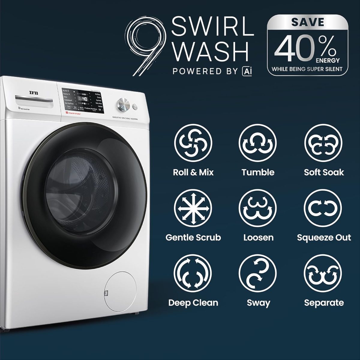 IFB 9 Kg 5 Star Powered by AI with 9 Swirl Wash, WiFi, Fully Automatic Front Load Washing Machine (Executive SXN 9014K, Steam Refresh Program with Eco Inverter, Rich Silver) - Image 4