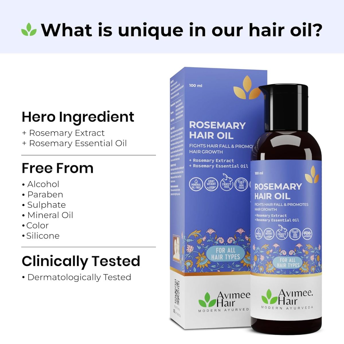 Avimee Herbal Rosemary Hair Oil | For Hair Growth, Hair Fall Control and Dandruff | 100% Pure & Natural | Mineral Oil Free | 100mL - Image 3
