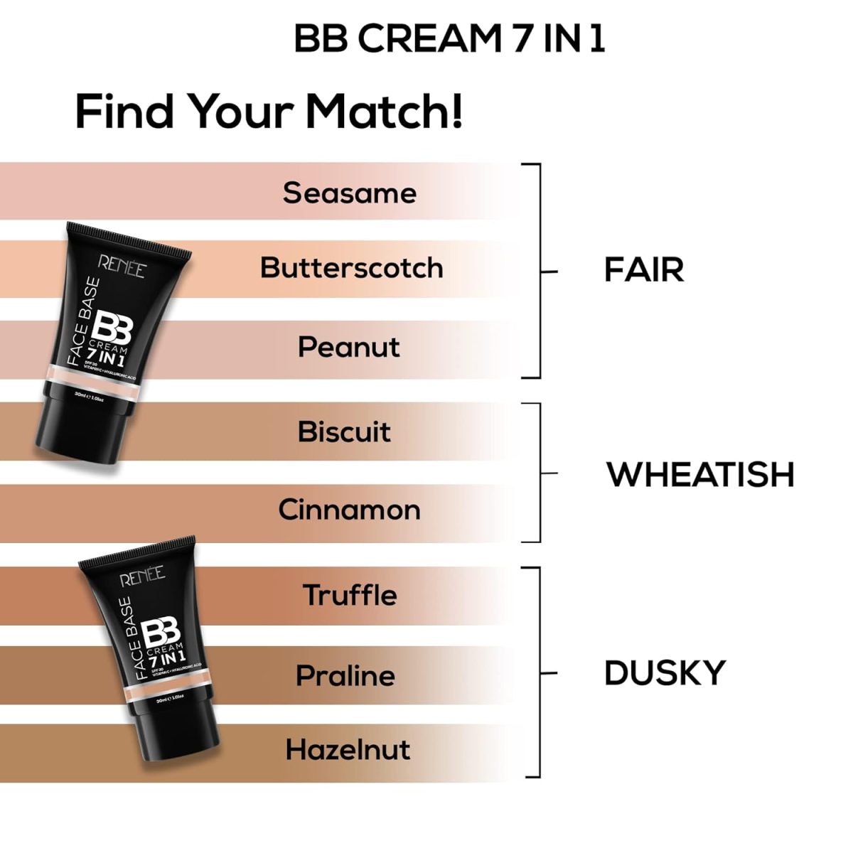 RENEE Face Base BB Cream 7 in 1 with SPF 30 PA+++, Enriched with Hyaluronic Acid, Vitamin C, Hydrates, Nourishes & Smoothens Skin Texture, Sesame 30ml - Image 5